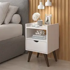 Kit 2 Mesas Cabeceira Alice 1 Gaveta Puxador Usinado Pés Palito Anti-Umidade Retrô Decoração Quarto