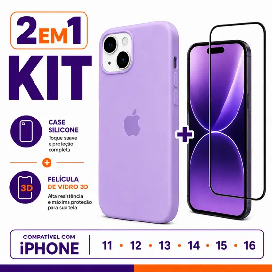 Kit 2em1 Case Silicone Colorida iPhone XR 11 12 13 14 15 16 + Película Vidro 3D - Pluggo
