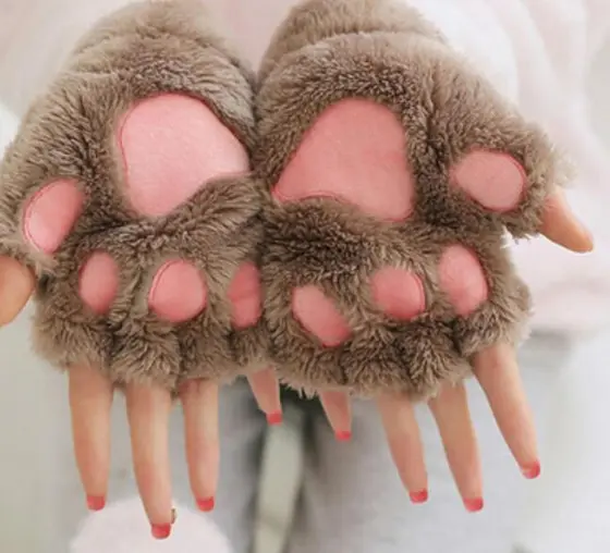 Um Par De Luvas Femininas De Pelúcia Com Garra De Urso Macio E Meio Dedo Luvas De Pata De Gato
