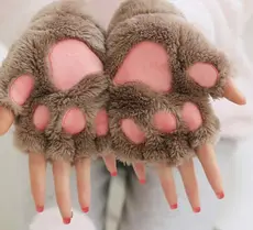 Um Par De Luvas Femininas De Pelúcia Com Garra De Urso Macio E Meio Dedo Luvas De Pata De Gato