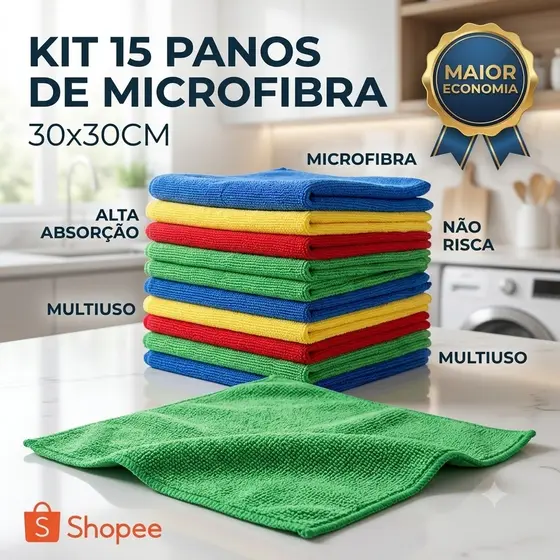 Kit 15 Panos De Microfibra 30x30cm Multiuso Alta Absorção Limpeza