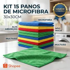 Kit 15 Panos De Microfibra 30x30cm Multiuso Alta Absorção Limpeza