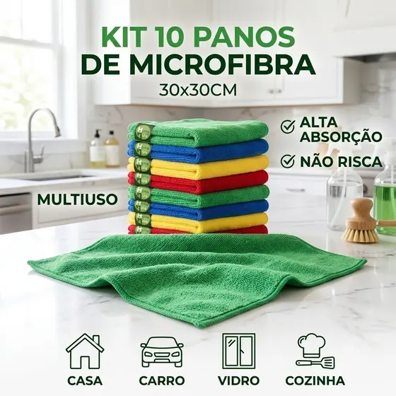 Kit 10 Panos De Microfibra 30x30cm Multiuso Alta Absorção Limpeza