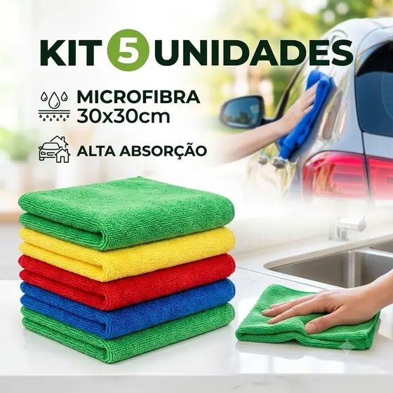 Kit 5 Panos De Microfibra 30x30cm Multiuso Alta Absorção Limpeza Sem Risco