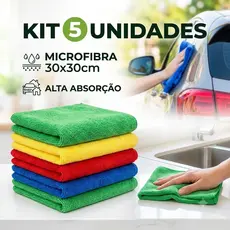 Kit 5 Panos De Microfibra 30x30cm Multiuso Alta Absorção Limpeza Sem Risco