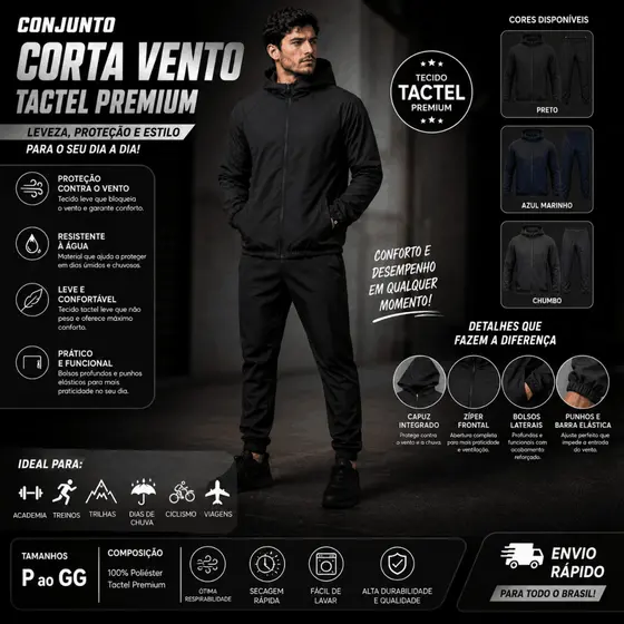 Kit 2 Peças Conjunto Corta Vento Masculino Tactel Jaqueta com Capuz e Calça Academia Casual