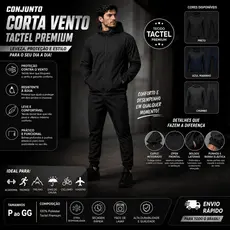 Kit 2 Peças Conjunto Corta Vento Masculino Tactel Jaqueta com Capuz e Calça Academia Casual