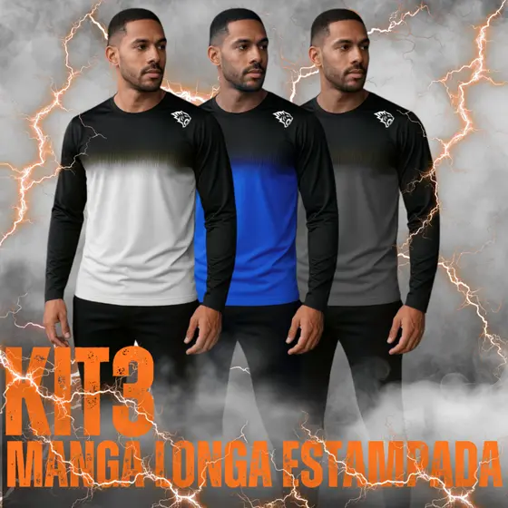 Kit 3 Camiseta Manga Longa UV Dryfit Estampada Sublimada Masculina Esportiva