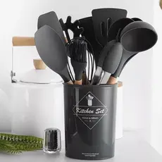 de Jogo Cozinha Kit C/12 Peças de Silicone, Utensílios e Copo Suporte para Cozinha Cabo de Madeira