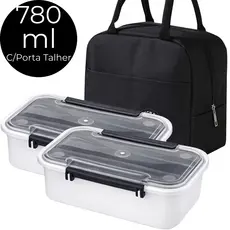 Lancheira Marmita Plastica 780ml C/Porta Talheres C/ Bolsa Termica Trabalho Casa Escola