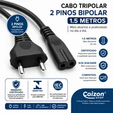 Cabo de Energia 2 Pinos Bipolar 1,5m P/ Ps3 Ps4 Ps5 TV Monitor Notebook Impressora Universal