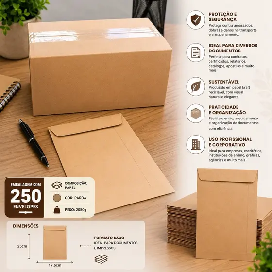250 Envelopes Pardos 176x250mm Para Correspondências E Envios Medio A4