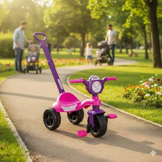 Carrinho Passeio/Pedal Infantil Gatinha – Com Haste, Seguro e Divertido - Criança