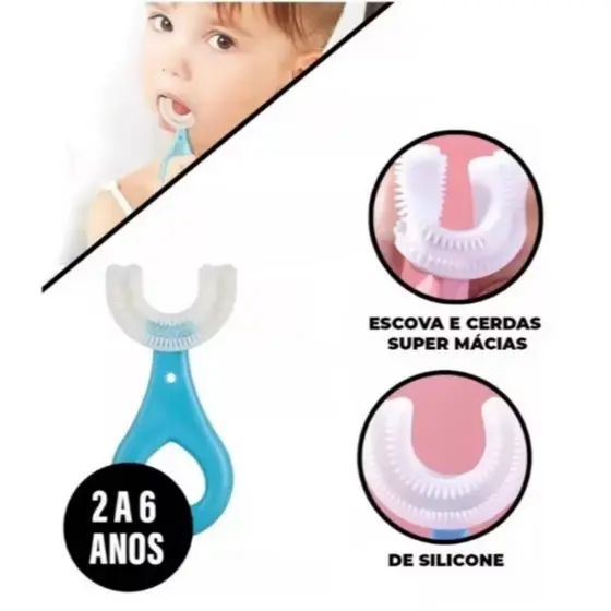 Escova Dental Infantil Formato de U 360° Macia de Silicone Ideal  para Bebês e Crianças Otima