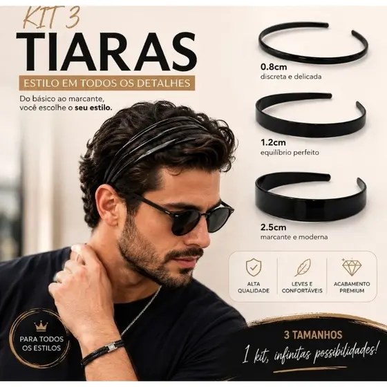 Kit Tiaras Cabelo Unissex Preta Lisa Masculina ou Feminina Estilosa