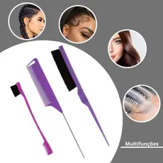 Conjunto 3 Peças Pente Escova De Cabelo Finalizadores Baby Hair Com Pente Cauda de Mousse Penteados
