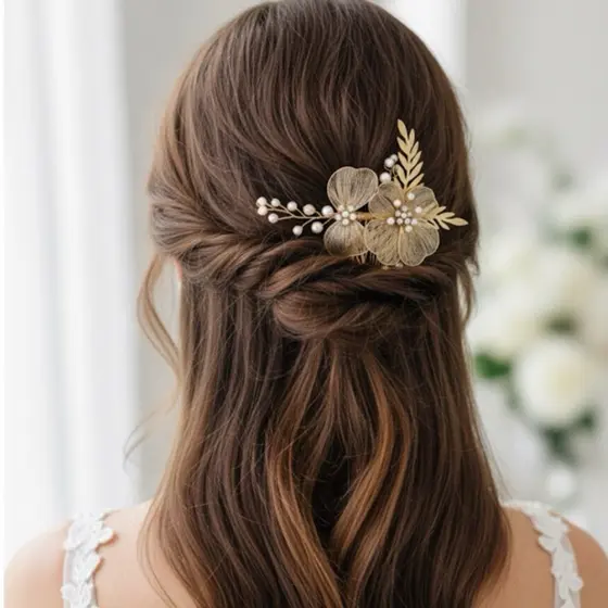 Enfeite de cabelo dourado floral pra noiva e madrinhas de casamento arranjo para penteados adorno cabelo daminhas