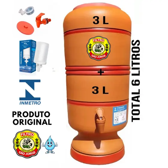 Filtro de Barro São Jorge 3+3 Litros Total 6L com Vela, Boia e Torneira