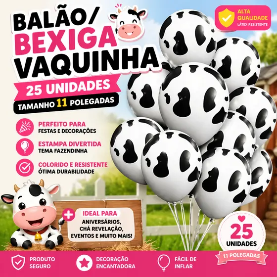 Pacote 25 Balões Bexigas tamanho  11” Tema Vaquinha Manchas de vaca  – Decoração Festa  Fazenda