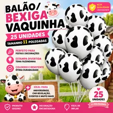Pacote 25 Balões Bexigas tamanho  11” Tema Vaquinha Manchas de vaca  – Decoração Festa  Fazenda