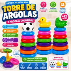 Brinquedo Educativo 7 Argolas Empilhar Infantil Patinho Jacaré Bola Colorido Bebê Didático Montesori