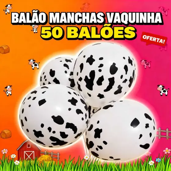 Kit Balão Vaquinha 27cm – Estampa Vaca Malhada • Festa Fazendinha • Kits c/25, 50, 75 e 100 Unidades