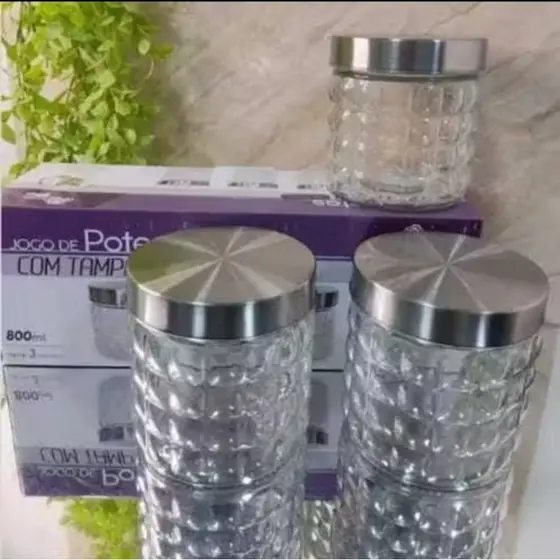 Jogo com 3 potes de vidro para armazenar alimentos de 800ml