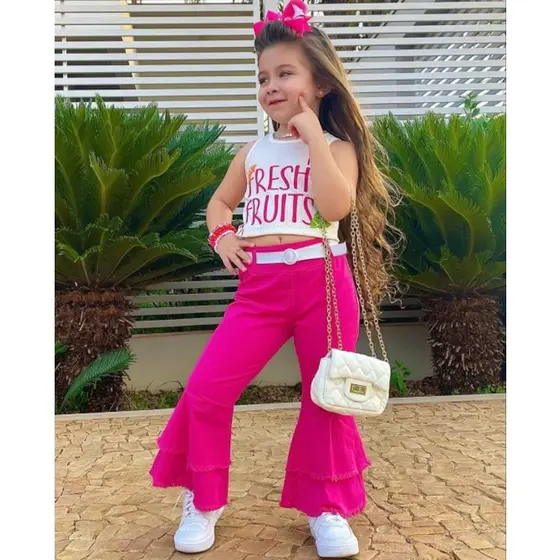 Conjunto  Infantil Menina Fresch Fruits. Moda Blogueirinha C/ Calça, Cinto e Blusinha