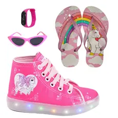 Tênis Feminino Led Infantil Botinha Cano Alto Unicórnio Rosa Preto + Óculos Relógio Chinelo