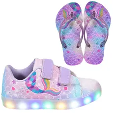 Tênis Infantil Led Feminino Casual Cano Baixo Sereia Menina + Chinelo