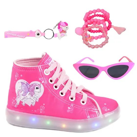Tênis Feminino Infantil Led Unicórnio Cano Alto Botinha Rosa Preto +Óculos Pulseira Chaveiro
