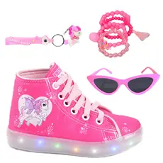 Tênis Feminino Infantil Led Unicórnio Cano Alto Botinha Rosa Preto +Óculos Pulseira Chaveiro