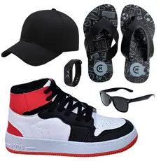 Tênis Infantil Masculino Botinha Cano Alto Meninos Escolar Passeio + Óculos Relógio Boné Chinelo