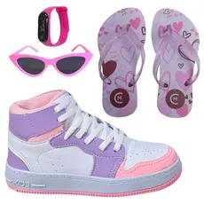 Tênis Infantil Feminino Botinha Cano Alto Meninas Escolar Confortável + Óculos Relógio Chinelo