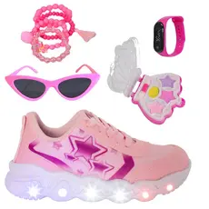 Tênis Led Infantil Feminino Rosa Estrela Coração Meninas  Escolar + Paleta Pulseira Óculos Relógio