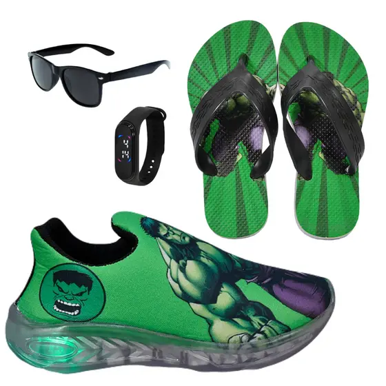 Tênis Infantil Masculino Led Slip On Personagem + Chinelo Relógio Óculos