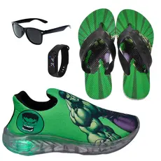 Tênis Infantil Masculino Led Slip On Personagem + Chinelo Relógio Óculos