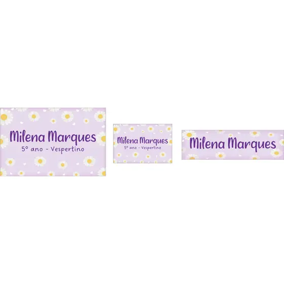 Etiquetas Escolares Personalizadas Margaridas Kit com 42 Unidades em 3 Tamanhos.