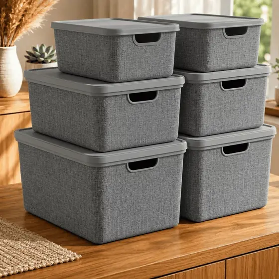 Kit 6 Caixas Organizadoras com Tampa 5L 15L e 22L Rattan Empilháveis Guarda Roupa