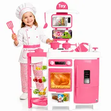 Cozinha Infantil Grande Com Geladeira Completa 92 CM Sai Água de Verdade Fruteira Forno Fogão Rosa