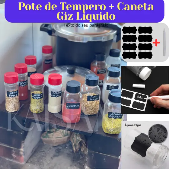 KIT 18x Potes de Tempero Cozinha + Caneta + Etiquetas Condimentos Tampa Dosadora Dupla
