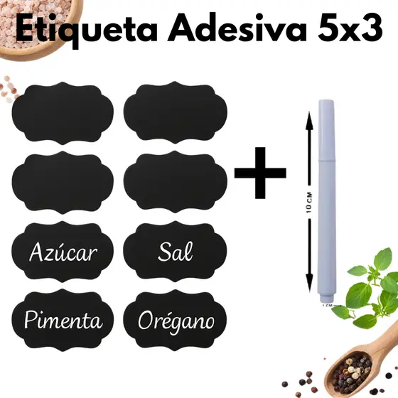 Etiquetas Adesivas 5x3cm Vinil Preto para Pote Tempero + Caneta Branca Giz Líquido