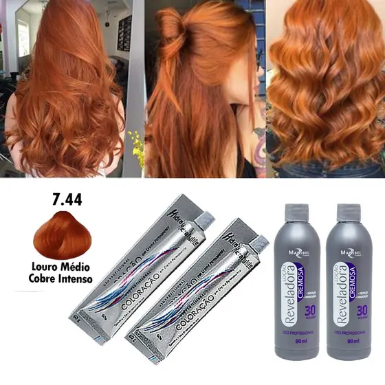 Kit 2 Tinta Louro Cobre Nº 7.44 e 2 Ox 30Vol 90ml Mairibel