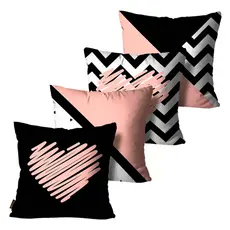 Kit 4 Capas de Almofadas Decorativas Rosa e Preto - 45x45cm