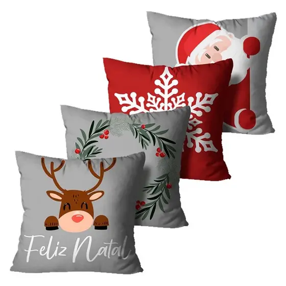 Kit 4 Capas de Almofadas Feliz Natal Cinza e Bordô 45X45