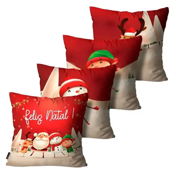 Kit com 4 Capas de Almofadas Decorativa Feliz Natal Vermelha