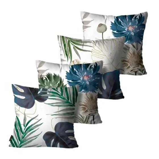 Kit com 4 Capas de Almofadas Decorativas Floral Verde e Azul - 45x45