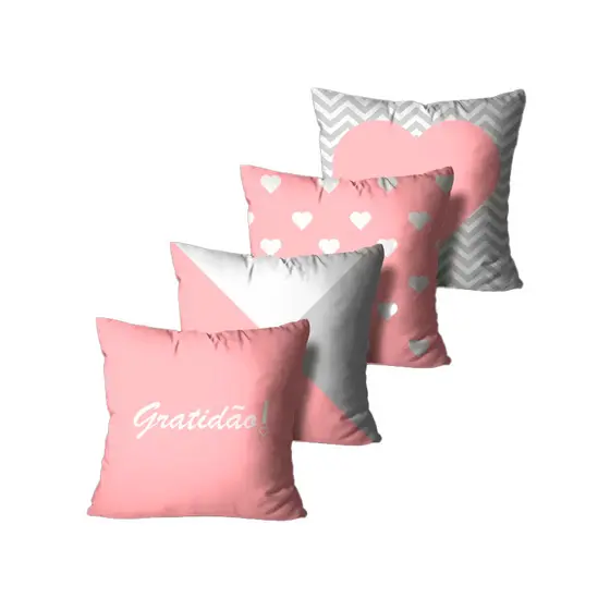 Kit 4 Capas de Almofadas Gratidao Rosa e Cinza 45x45cm