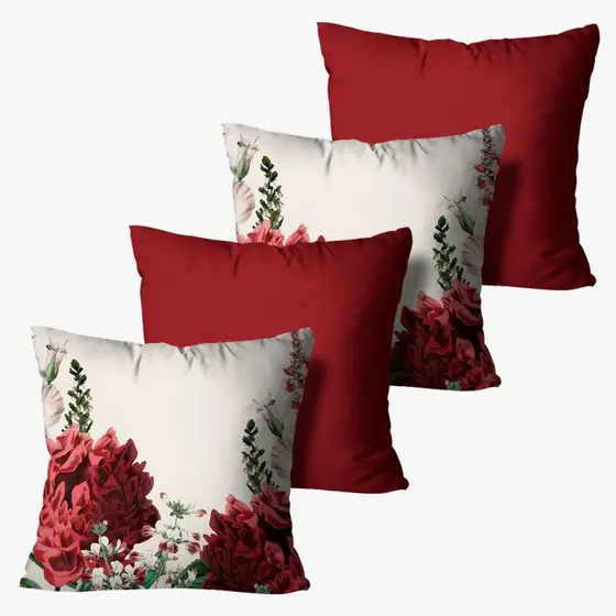 Kit com 4 Capas de Almofadas Decorativas Dália Vermelho - 45x45cm
