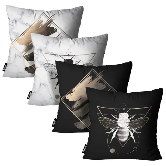 Kit Com 4 Capas p Almofadas Abelhas Abstrato Preto Branco - 45x45